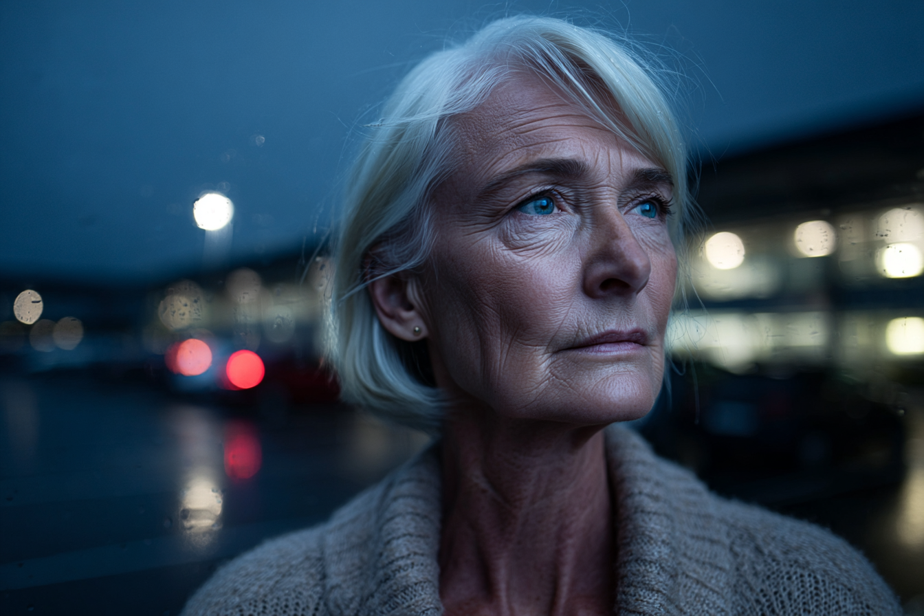 Eine ältere Frau, die auf einem Parkplatz steht | Quelle: Midjourney