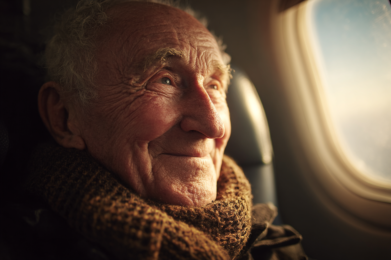 Ein älterer Mann lächelt in einem Flugzeug | Quelle: Midjourney