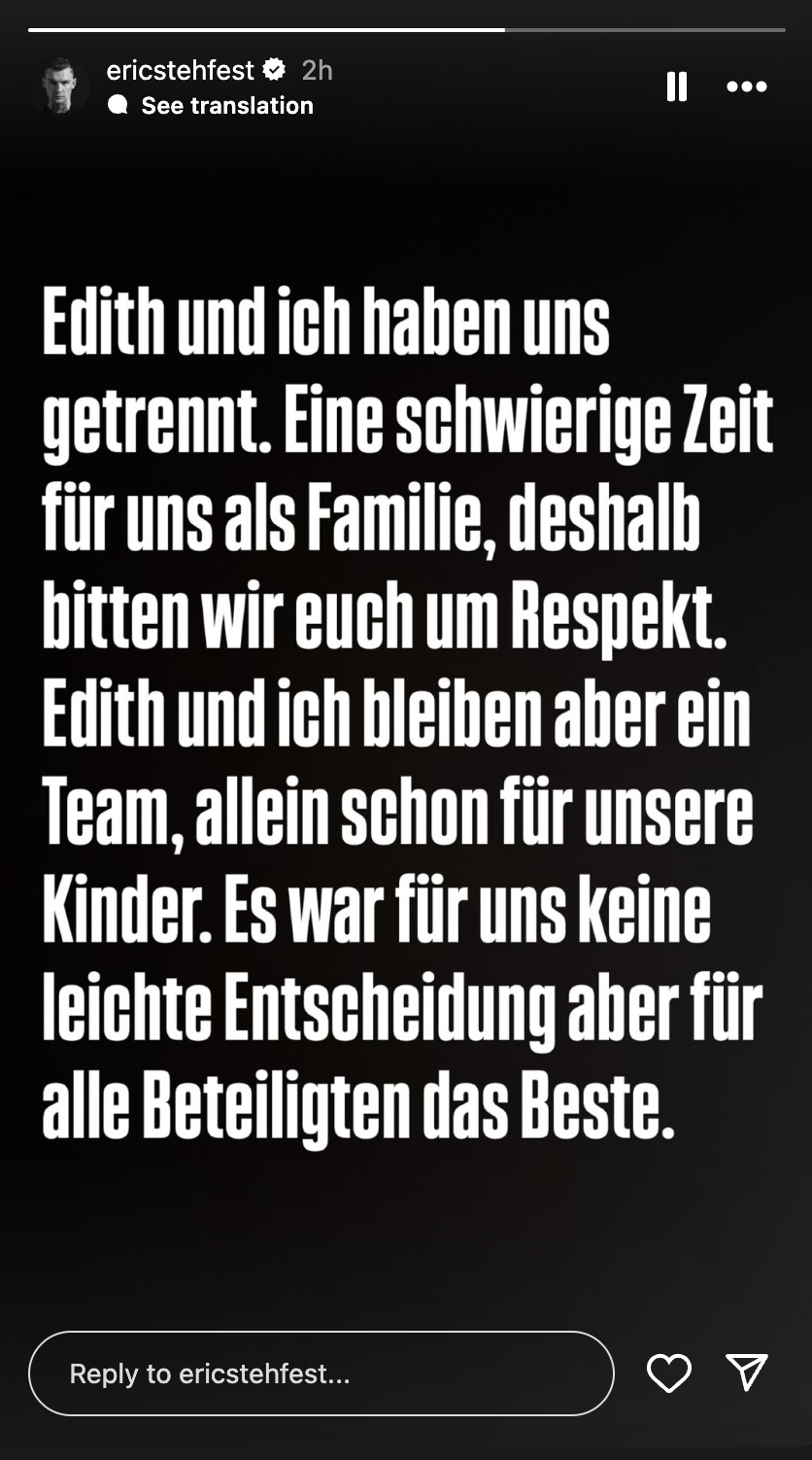 Screenshot aus Erics Instagram-Story, in der er die Trennung verkündet | Quelle: Instagram/ericstehfest