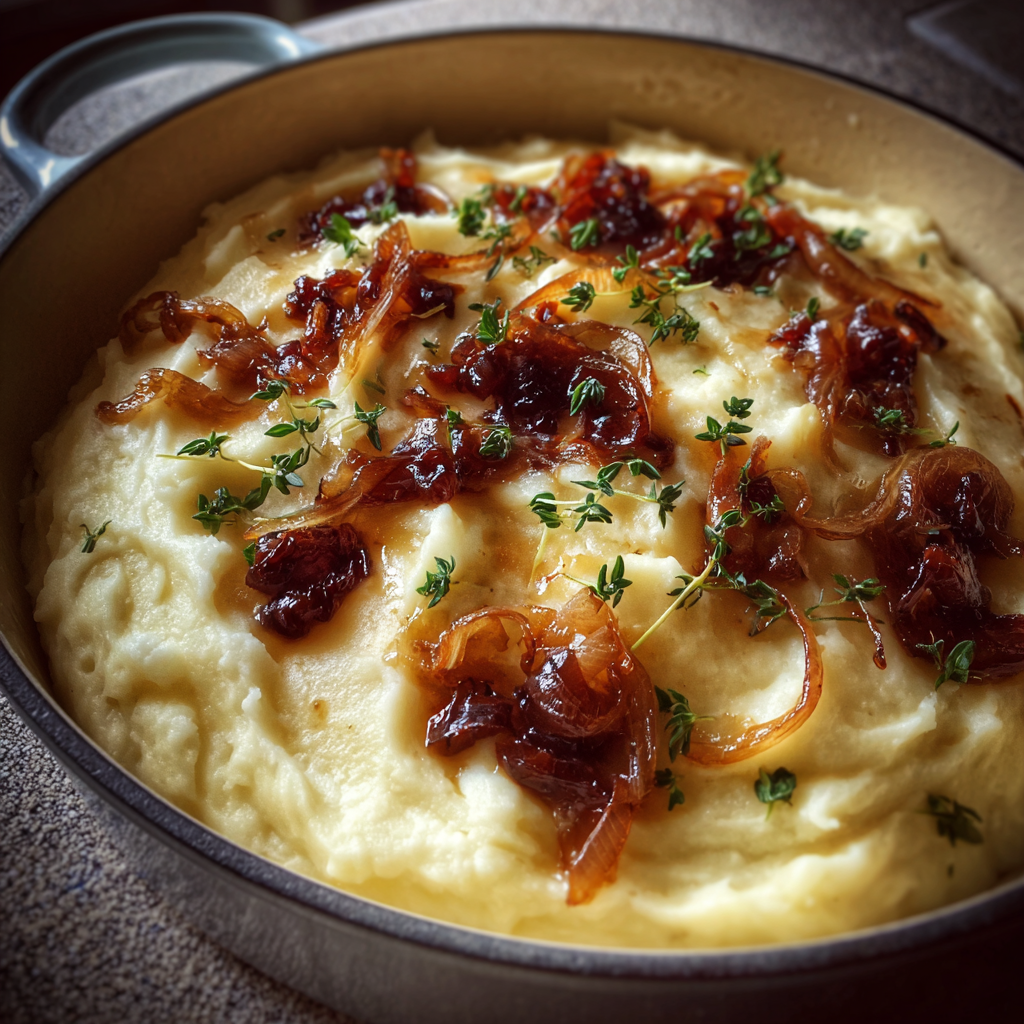 Ein Topf mit Kartoffelpüree und karamellisierten Zwiebeln | Quelle: Midjourney