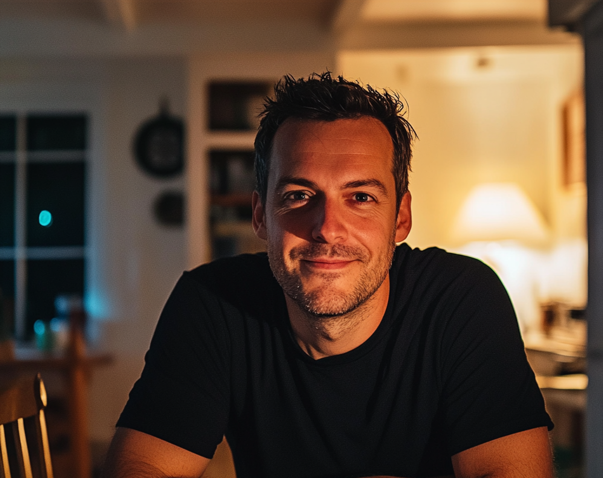 Ein lächelnder Mann mit einem schwarzen T-Shirt | Quelle: Midjourney