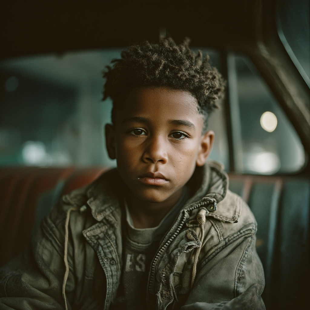 Ein trauriges Kind auf dem Rücksitz eines Autos | Quelle: Midjourney