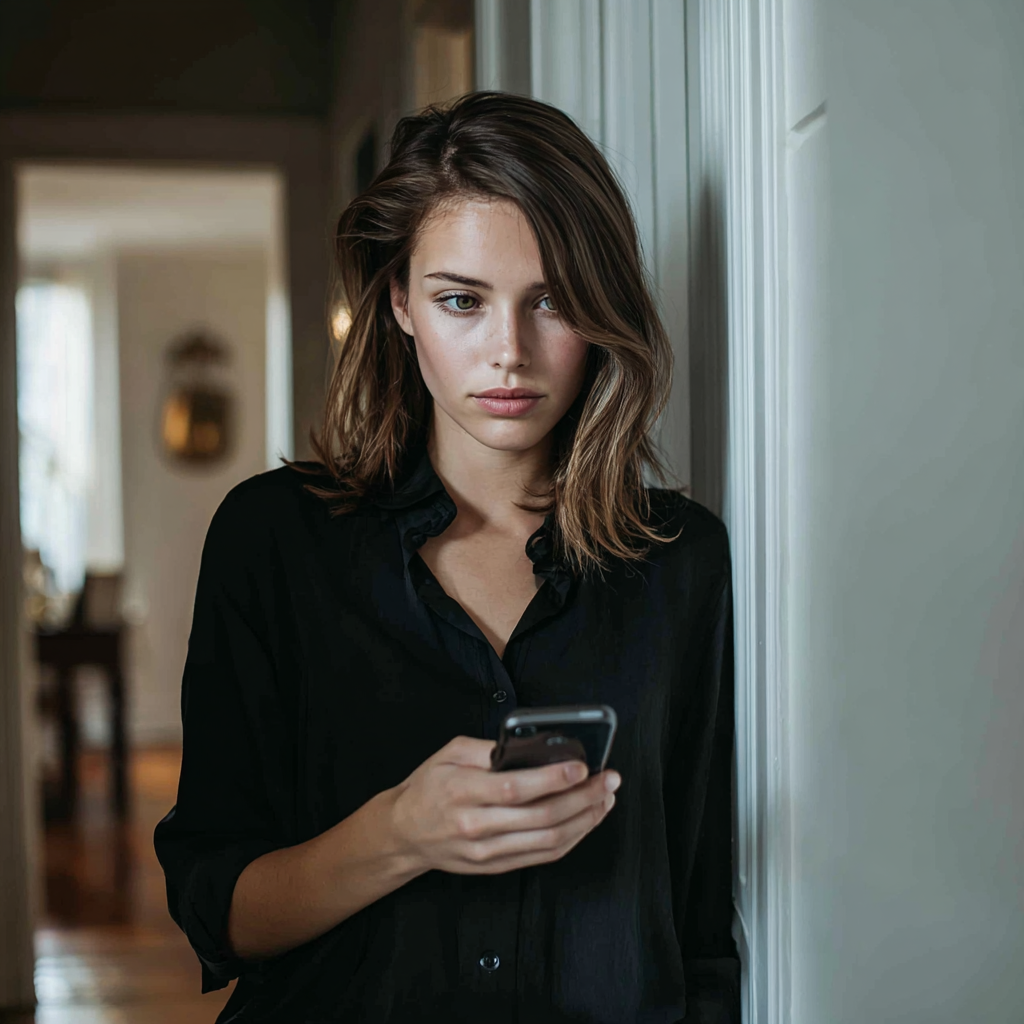Eine Frau benutzt ihr Handy in einem Hausflur | Quelle: Midjourney