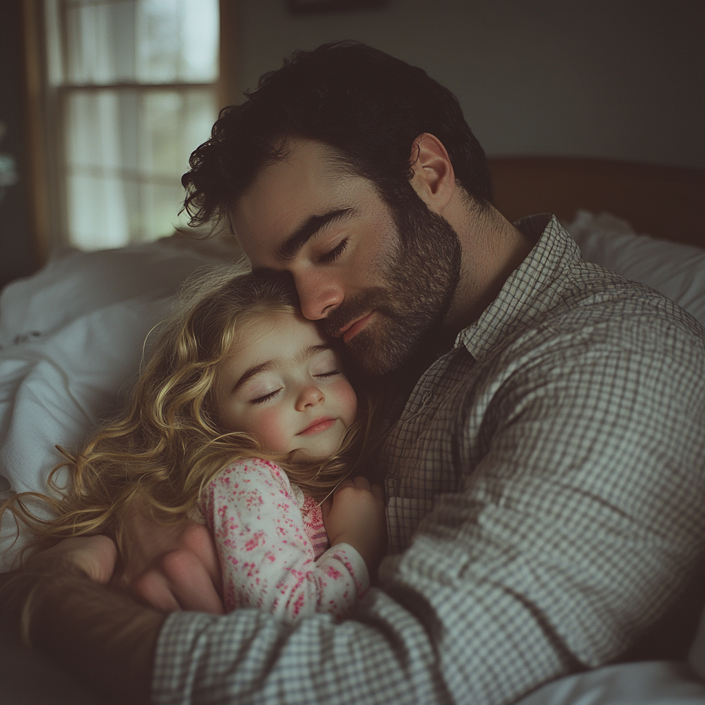 Ein Vater und seine Tochter liegen im Bett | Quelle: Midjourney