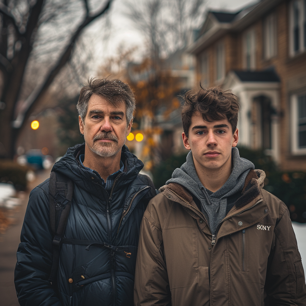 Ein berechtigtes Vater-Sohn-Duo in einer Nachbarschaft | Quelle: Midjourney