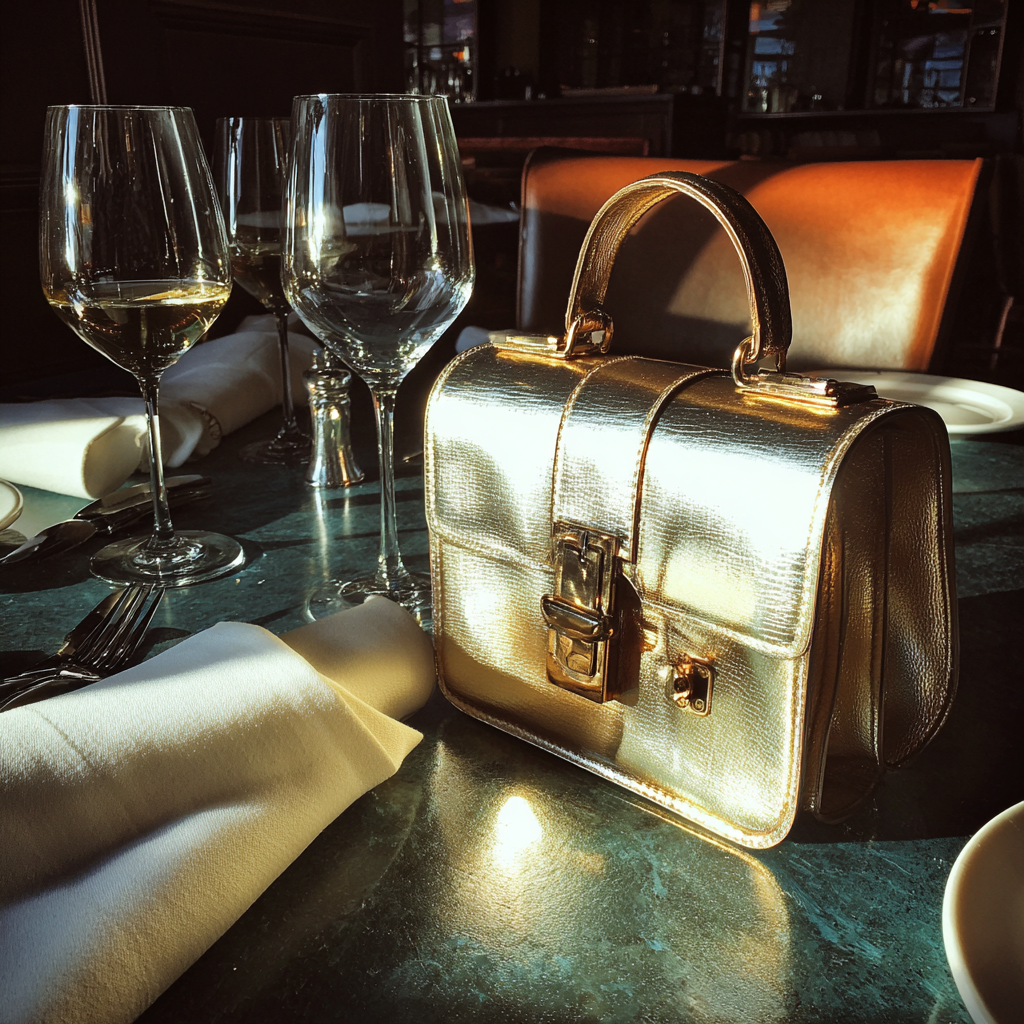 Eine goldene Handtasche auf einem Tisch | Quelle: Midjourney