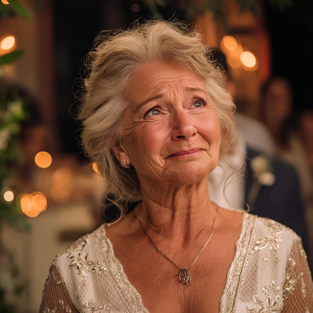 Eine ältere Frau schaut traurig und emotional auf einer Hochzeit | Quelle: Midjourney