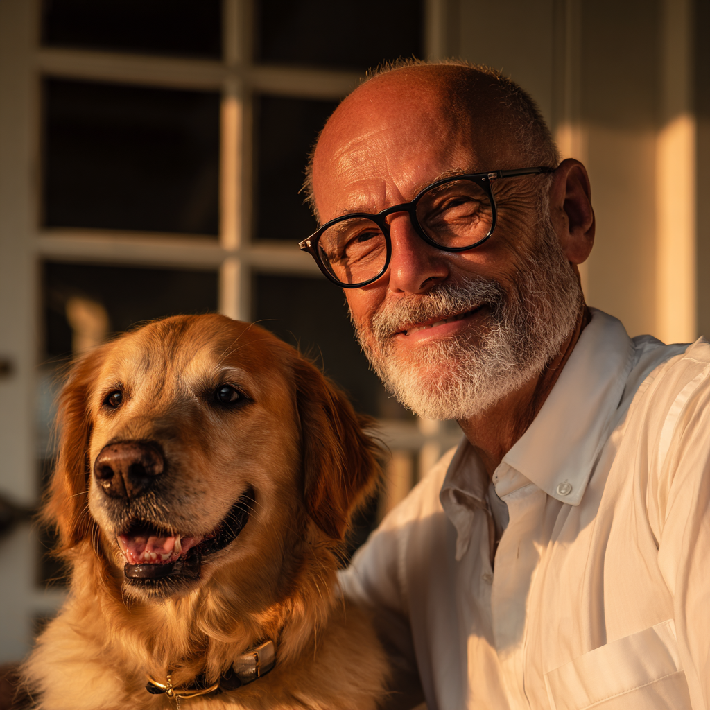 Eine Nahaufnahme von einem Mann und seinem Hund | Quelle: Midjourney