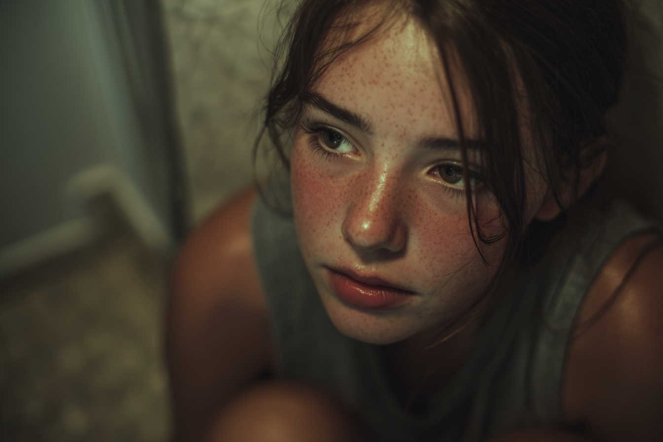 Ein Mädchen, das in einem Badezimmer sitzt | Quelle: Midjourney