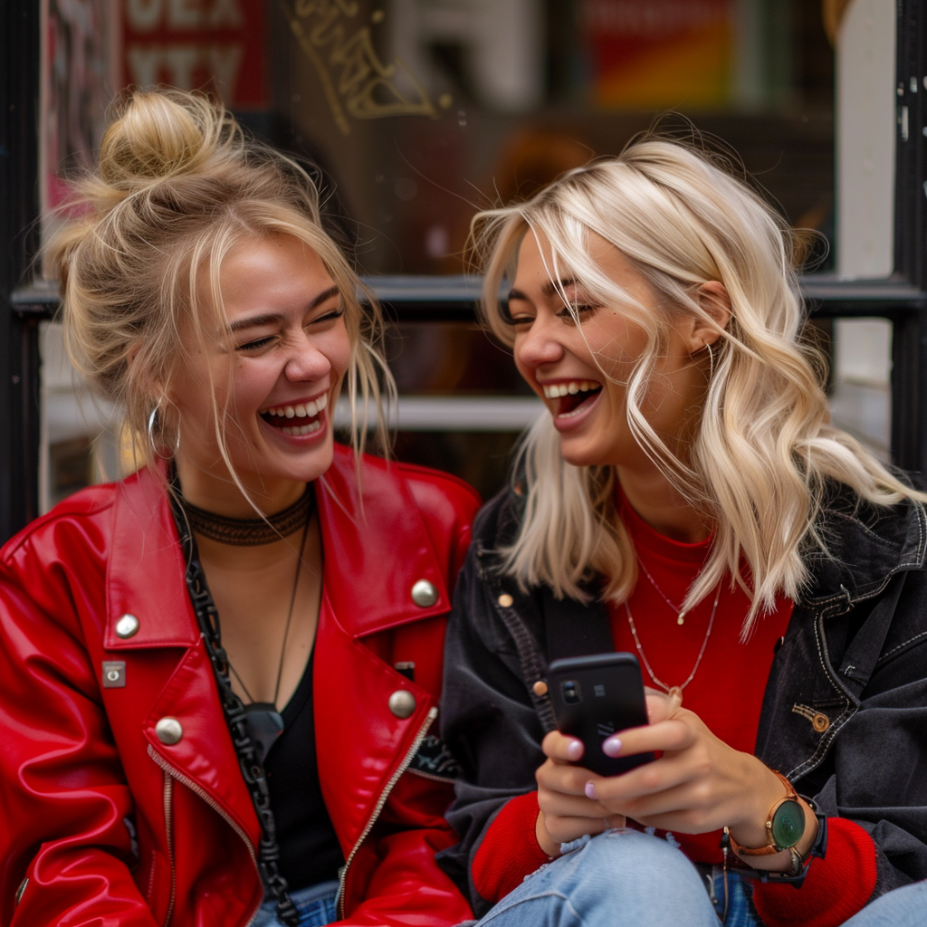 Lilian und ihre Freundin Hailey lächelnd beim Blick auf ein Smartphone | Quelle: Midjouney