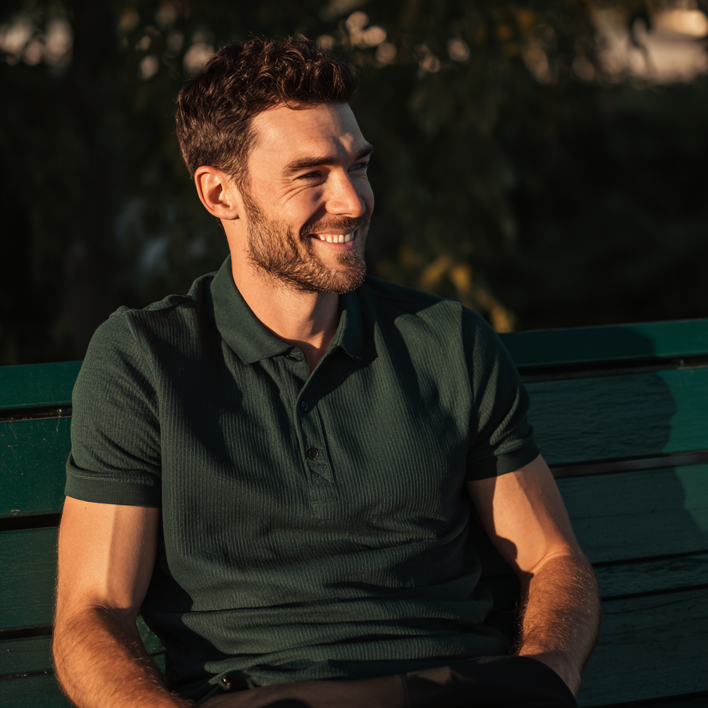 Ein lächelnder Mann sitzt auf einer Parkbank | Quelle: Midjourney