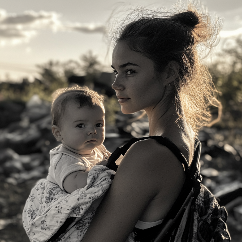 Junge Frau, die ihr Baby trägt | Quelle: Midjourney