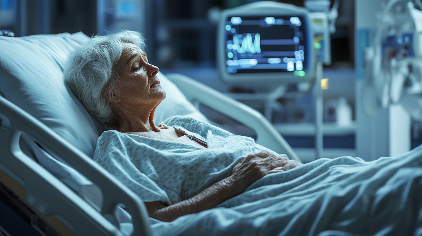 Eine alte Frau in einem Krankenhausbett | Quelle: Midjourney