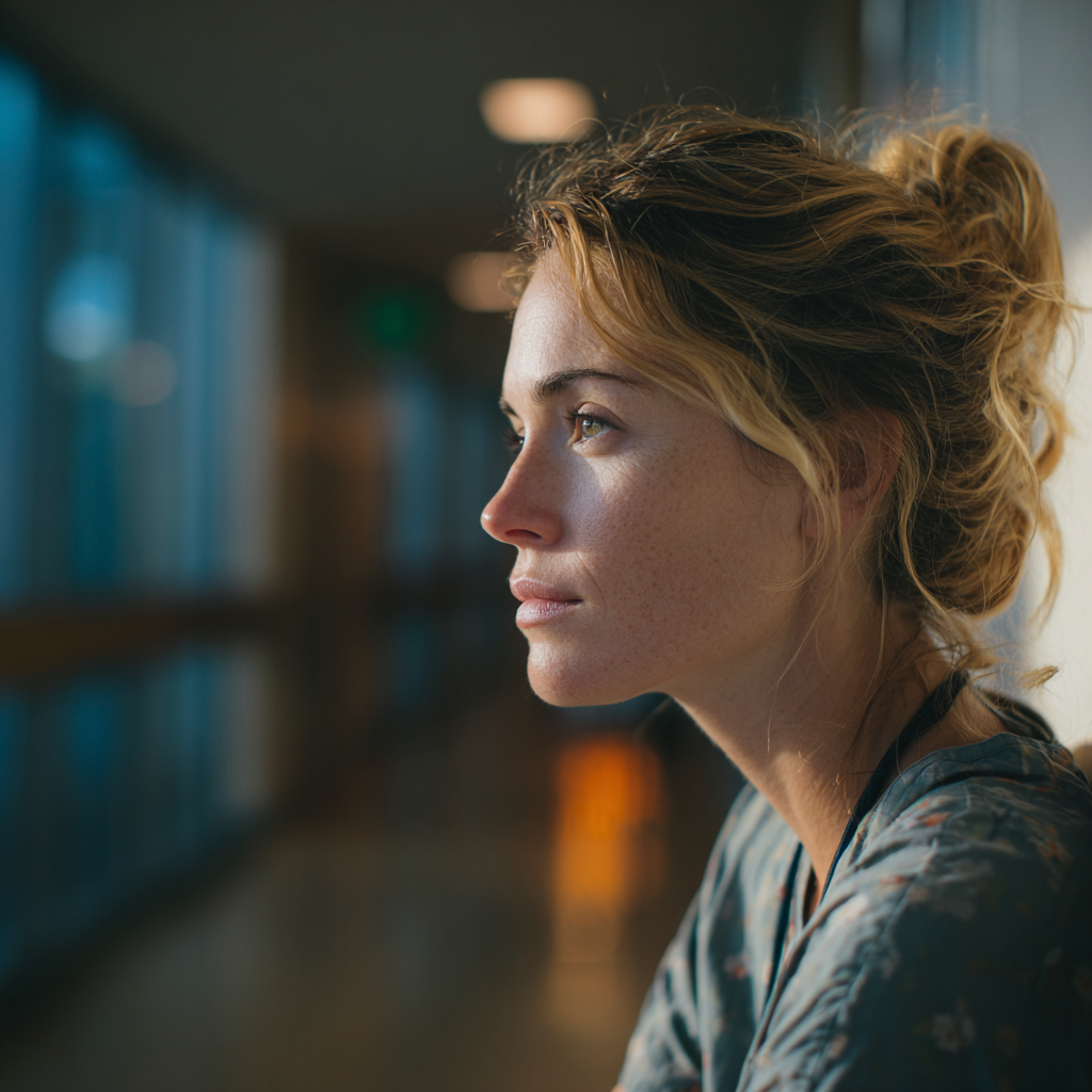 Eine Frau wartet in einem Krankenhauskorridor | Quelle: Midjourney