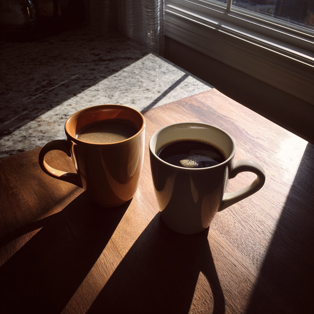 Zwei Tassen Kaffee auf einem Holzbrett | Quelle: Midjourney