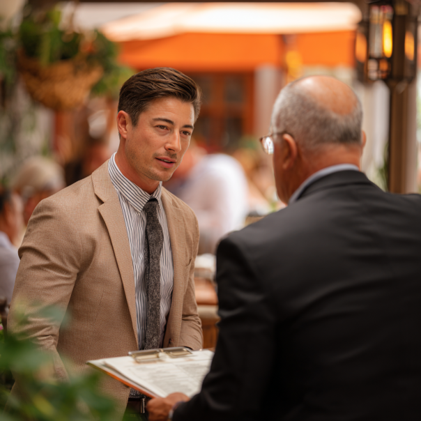 Ein Mann im Gespräch mit einem Restaurantleiter | Quelle: Midjourney