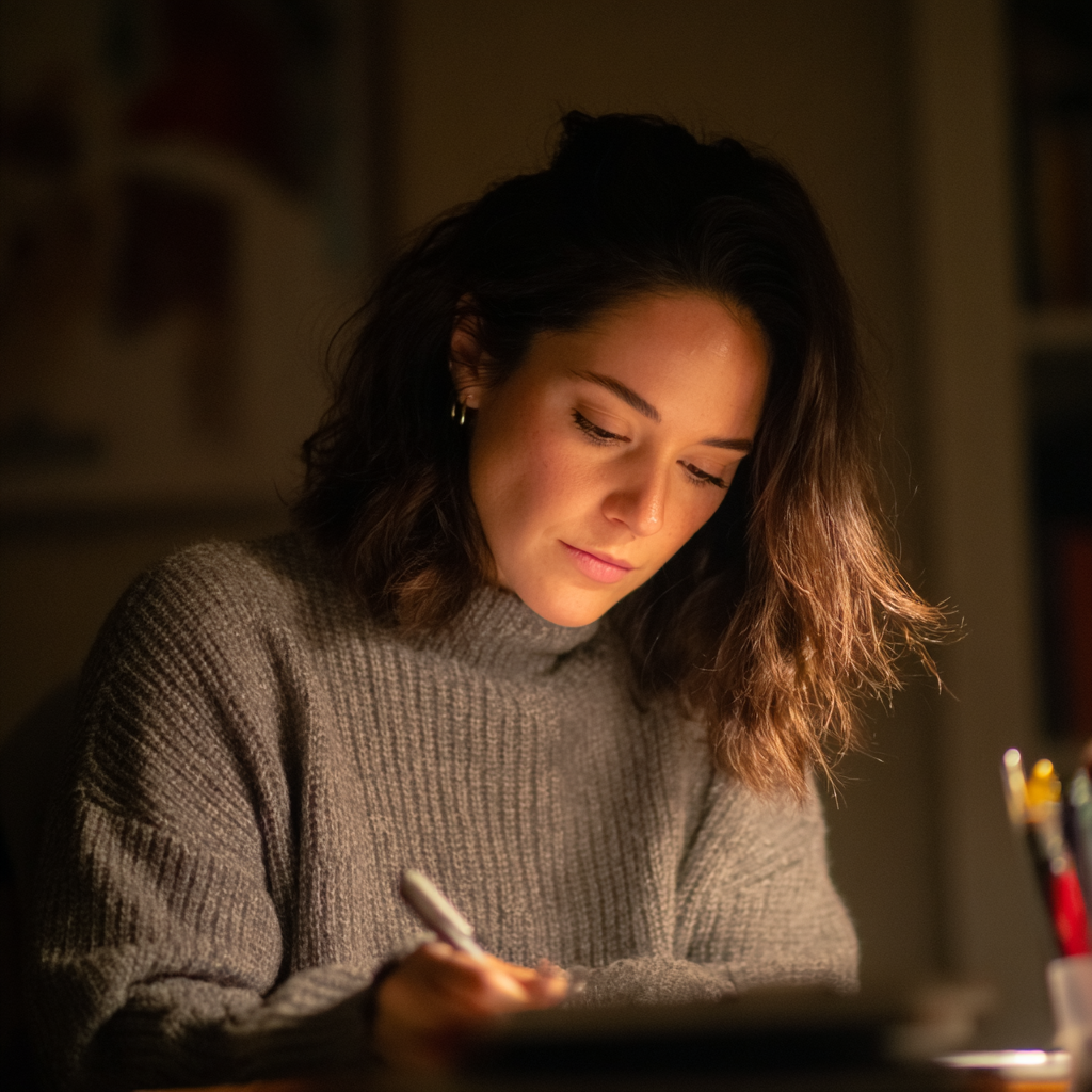 Eine nachdenkliche Frau schreibt in ein Notizbuch | Quelle: Midjourney