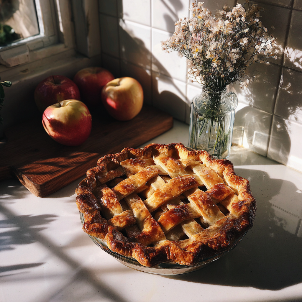 Ein selbstgebackener Apfelkuchen auf einer Küchentheke | Quelle: Midjourney