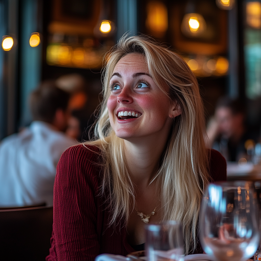 Eine Frau lacht, während sie in einem gehobenen Restaurant sitzt | Quelle: Midjourney
