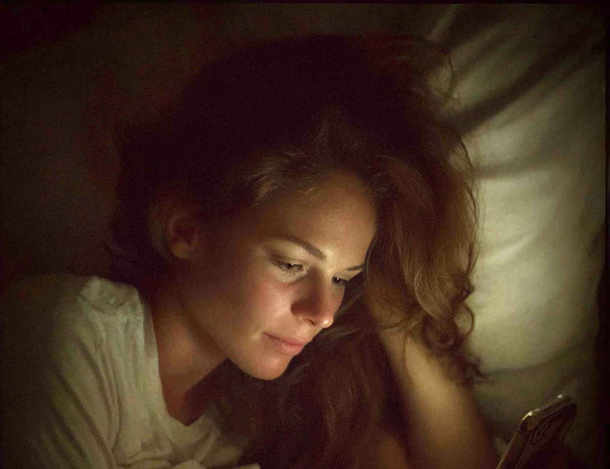 Eine Frau liegt im Bett und benutzt ihr Telefon | Quelle: Midjourney