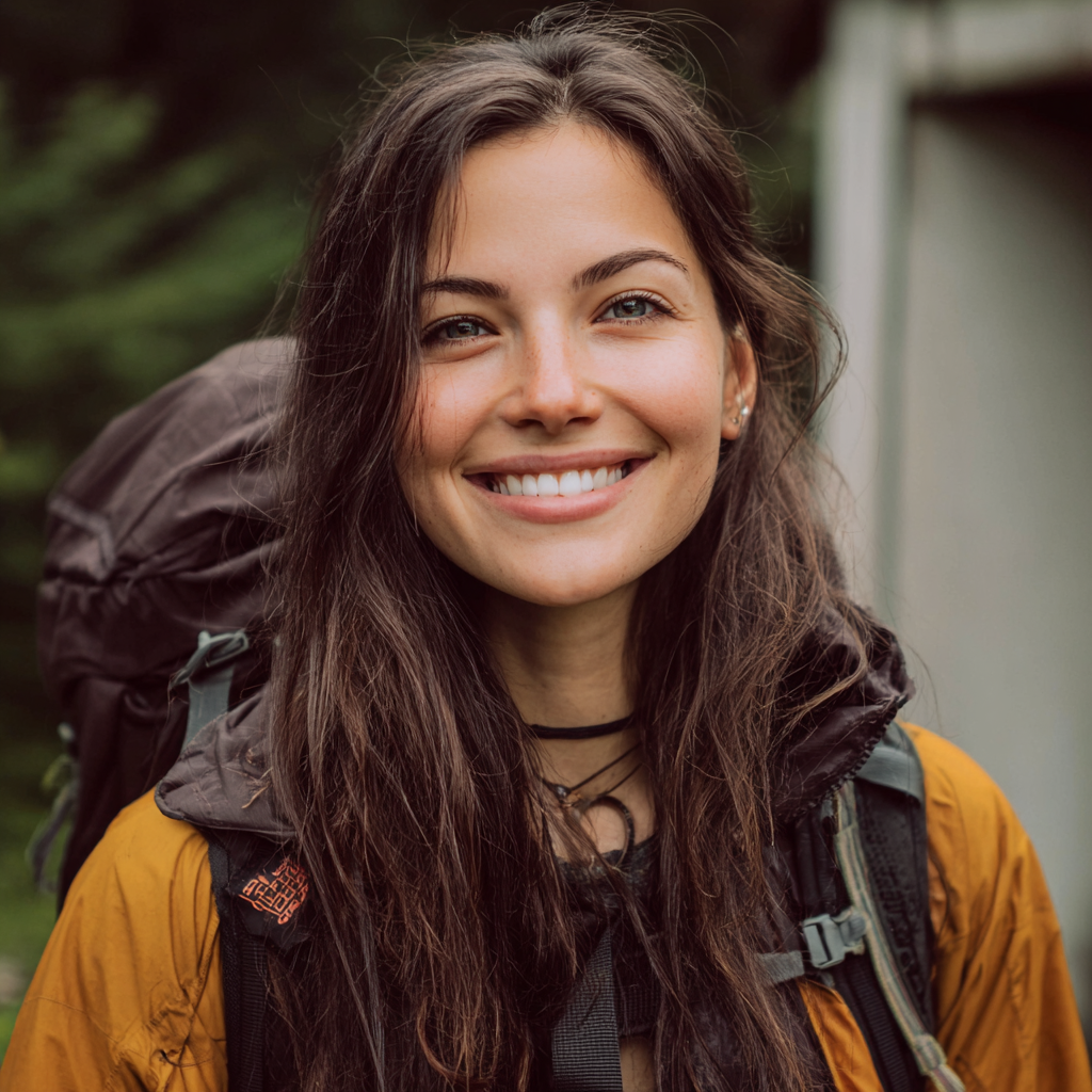 Eine lächelnde Frau auf einem Wanderweg | Quelle: Midjourney