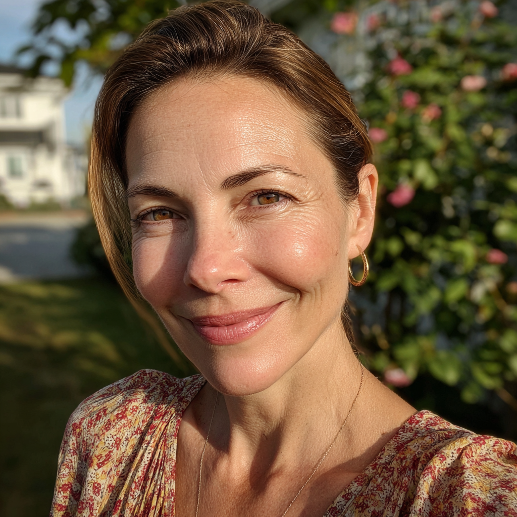 Eine Nahaufnahme einer lächelnden Frau, die draußen steht | Quelle: Midjourney