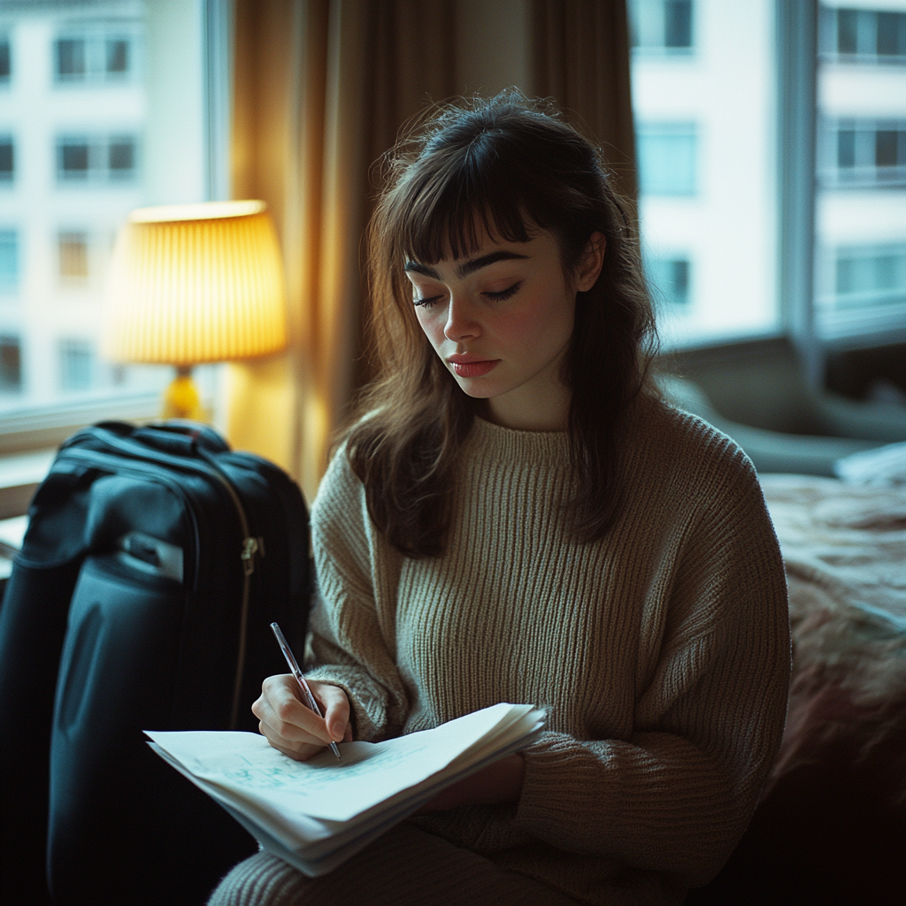 Eine emotionale Sarah, die eine Nachricht für Dan hinterlässt | Quelle: Midjourney