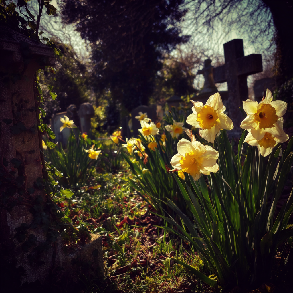 Gelbe Narzissen auf einem Friedhof | Quelle: Midjourney