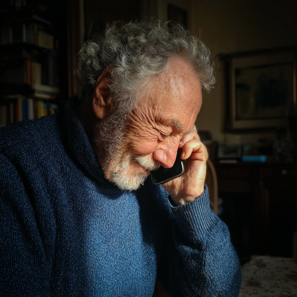 Ein lächelnder älterer Mann spricht am Telefon | Quelle: Midjourney