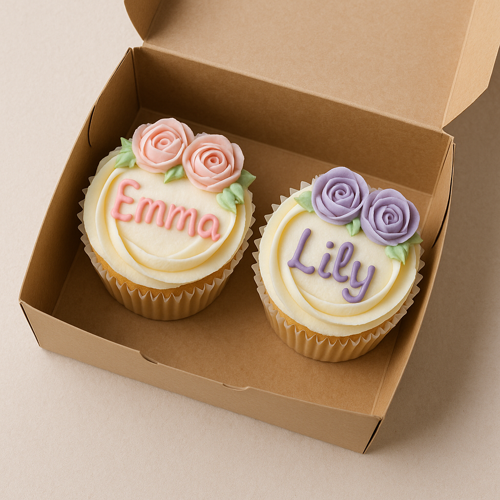Zwei Cupcakes in einer Gebäckschachtel | Quelle: DALL-E