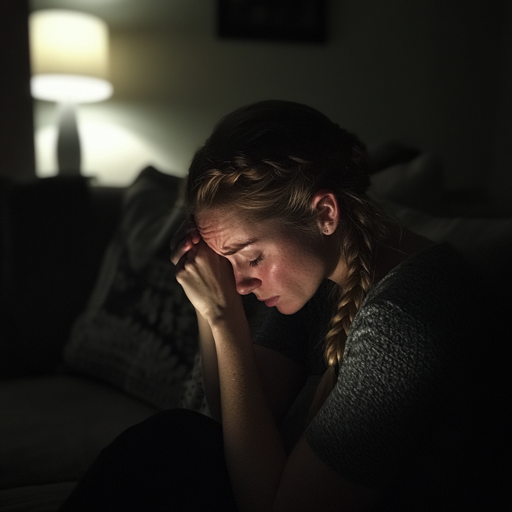 Eine aufgebrachte Frau sitzt auf einer Couch | Quelle: Midjourney