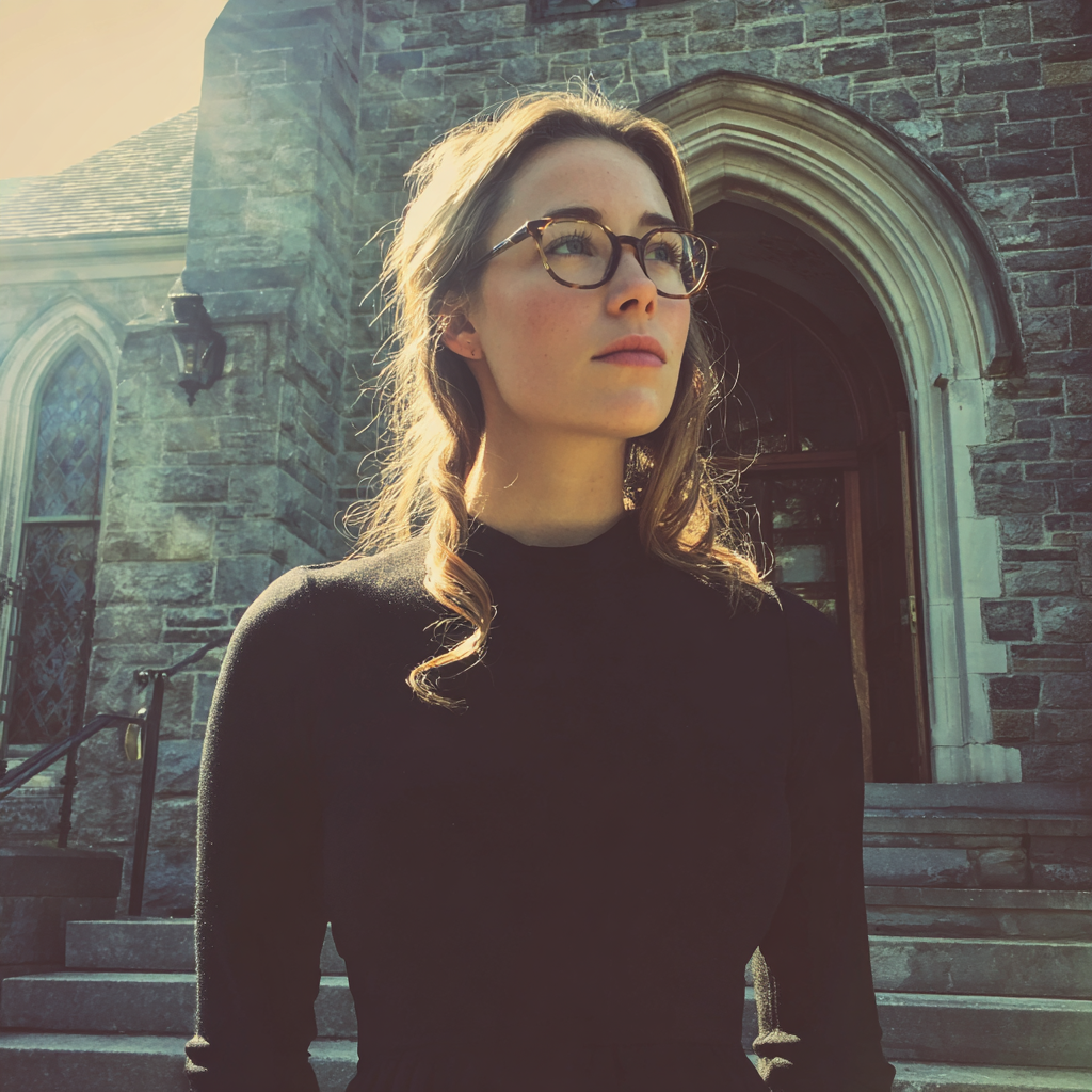 Eine schwarz gekleidete Frau, die vor einer Kirche steht | Quelle: Midjourney