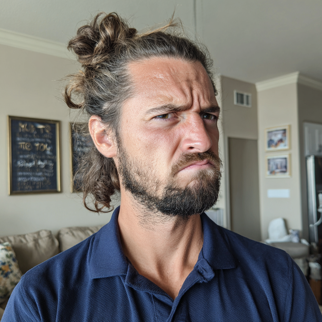 Ein wütender Mann steht in einem Wohnzimmer | Quelle: Midjourney