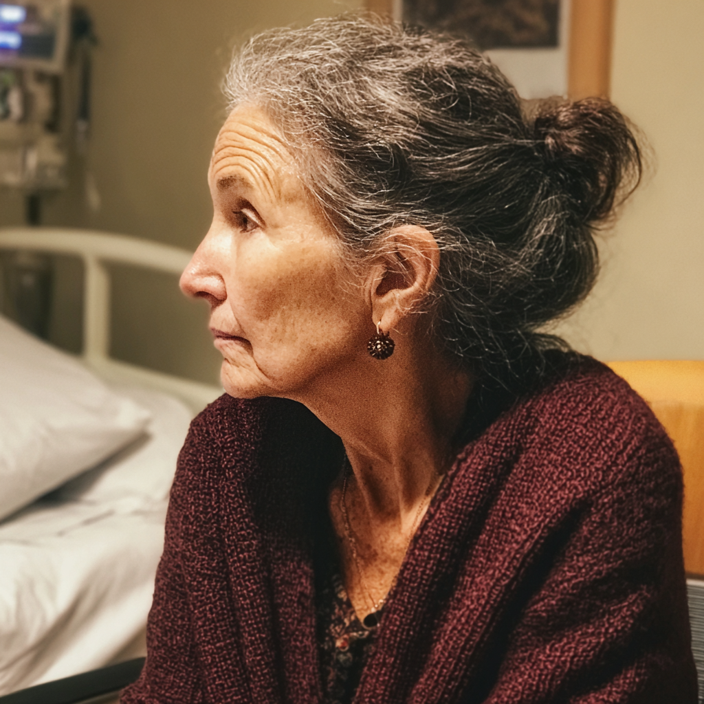 Eine besorgte Frau sitzt in einem Krankenhauszimmer | Quelle: Midjourney