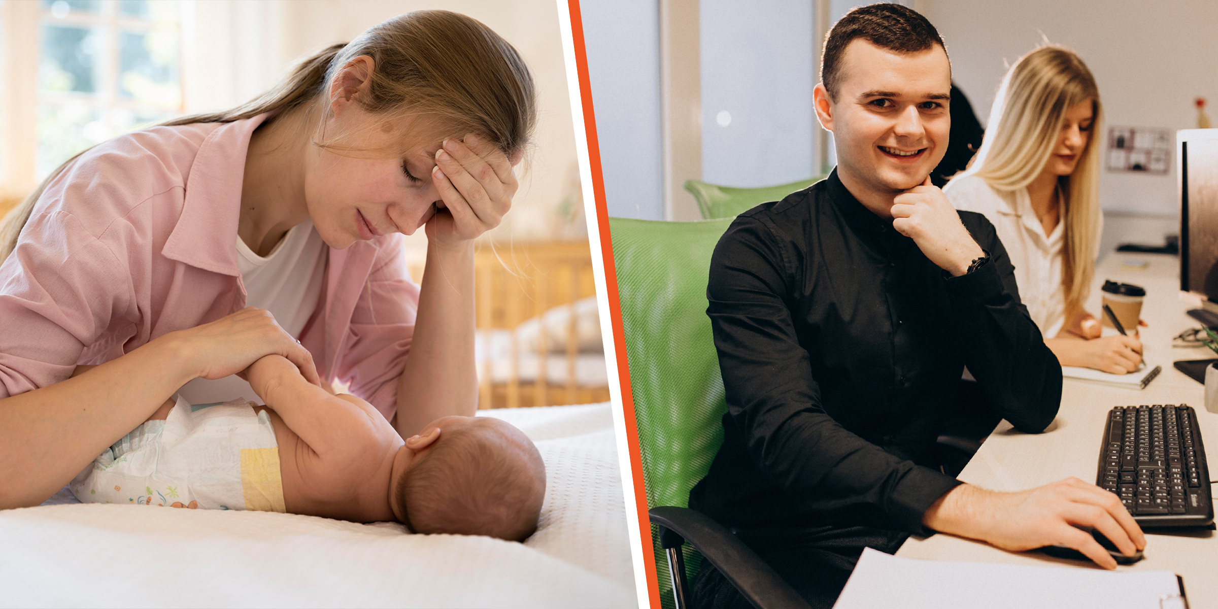 Eine besorgte Frau mit einem Baby und ein lächelnder Mann bei der Arbeit | Freepik