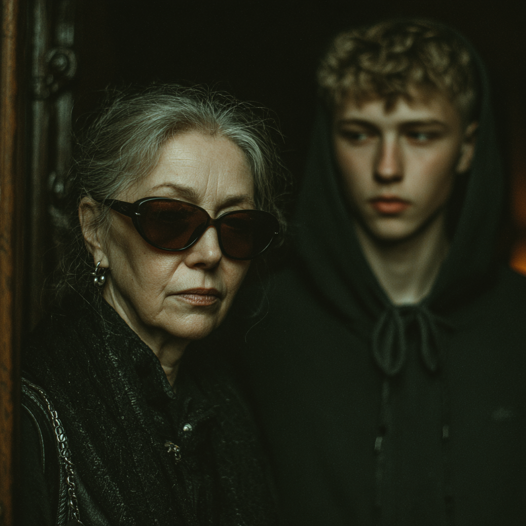 Eine ernste Frau und ihr Sohn stehen am Eingang ihrer Villa | Quelle: Midjourney