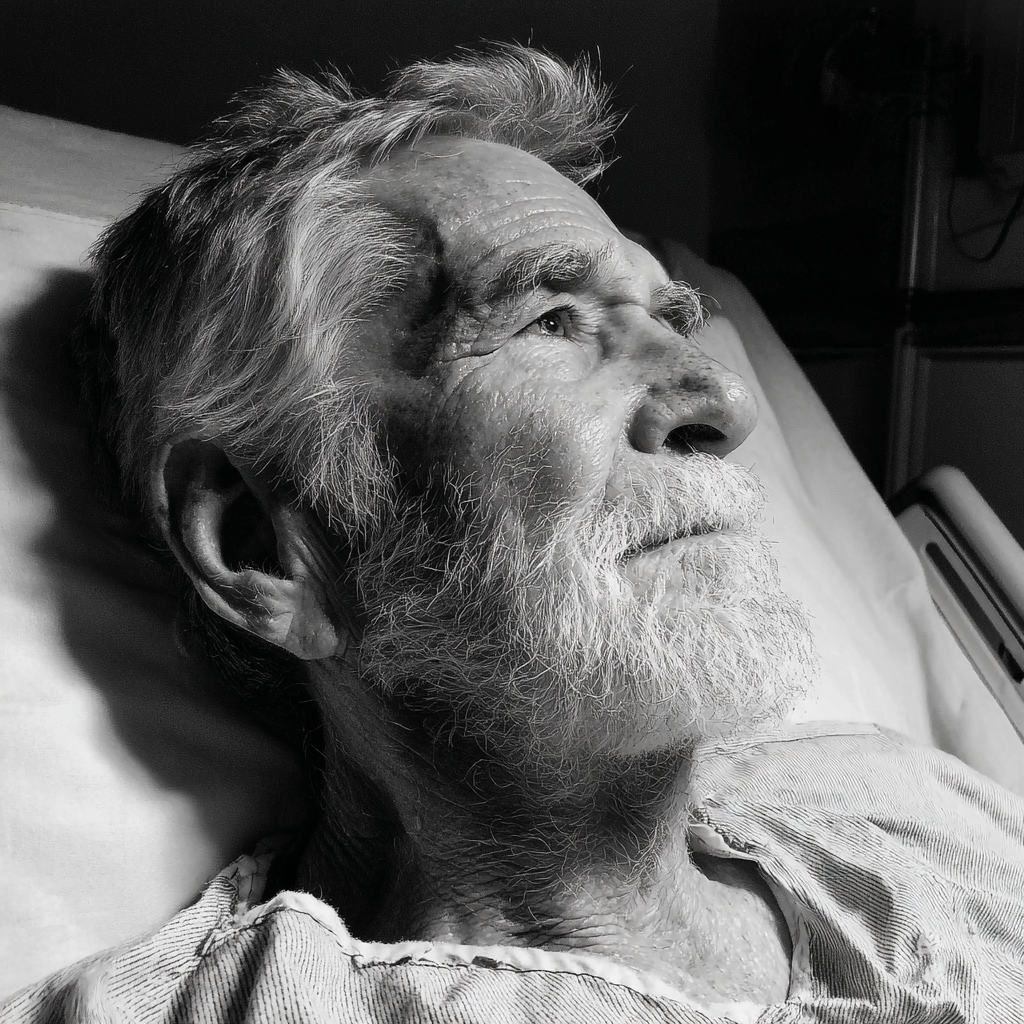 Ein alter Mann ruht sich in einem Krankenhausbett aus | Quelle: Midjourney