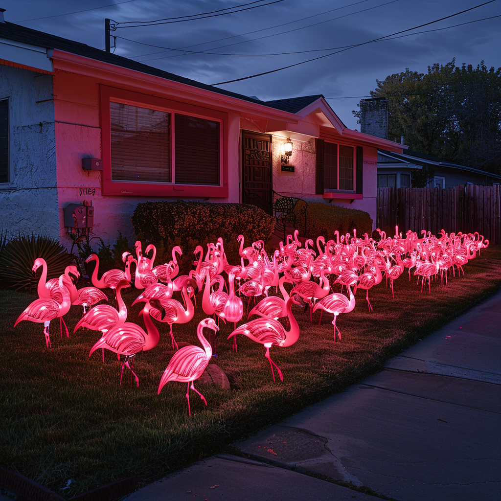 Ein Vorgarten eines Hauses, der mit leuchtend rosa Plastikflamingos bedeckt ist | Quelle: Midjourney