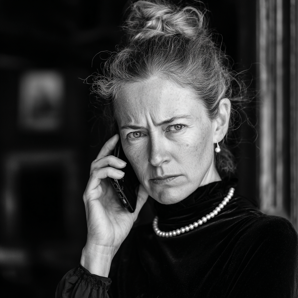 Eine stirnrunzelnde Frau, die am Telefon spricht | Quelle: Midjourney