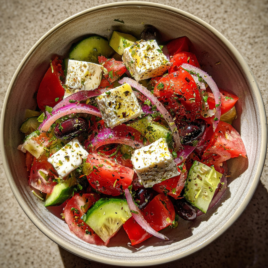 Ein griechischer Salat auf einer Küchentheke | Quelle: Midjourney