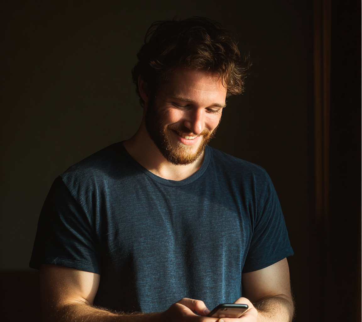 Ein Mann benutzt sein Handy und lächelt | Quelle: Midjourney