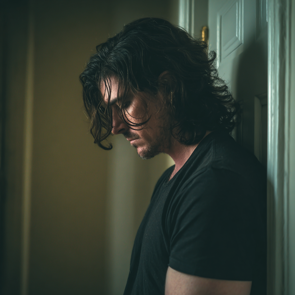 Ein aufgebrachter Mann lehnt an einer Tür | Quelle: Midjourney
