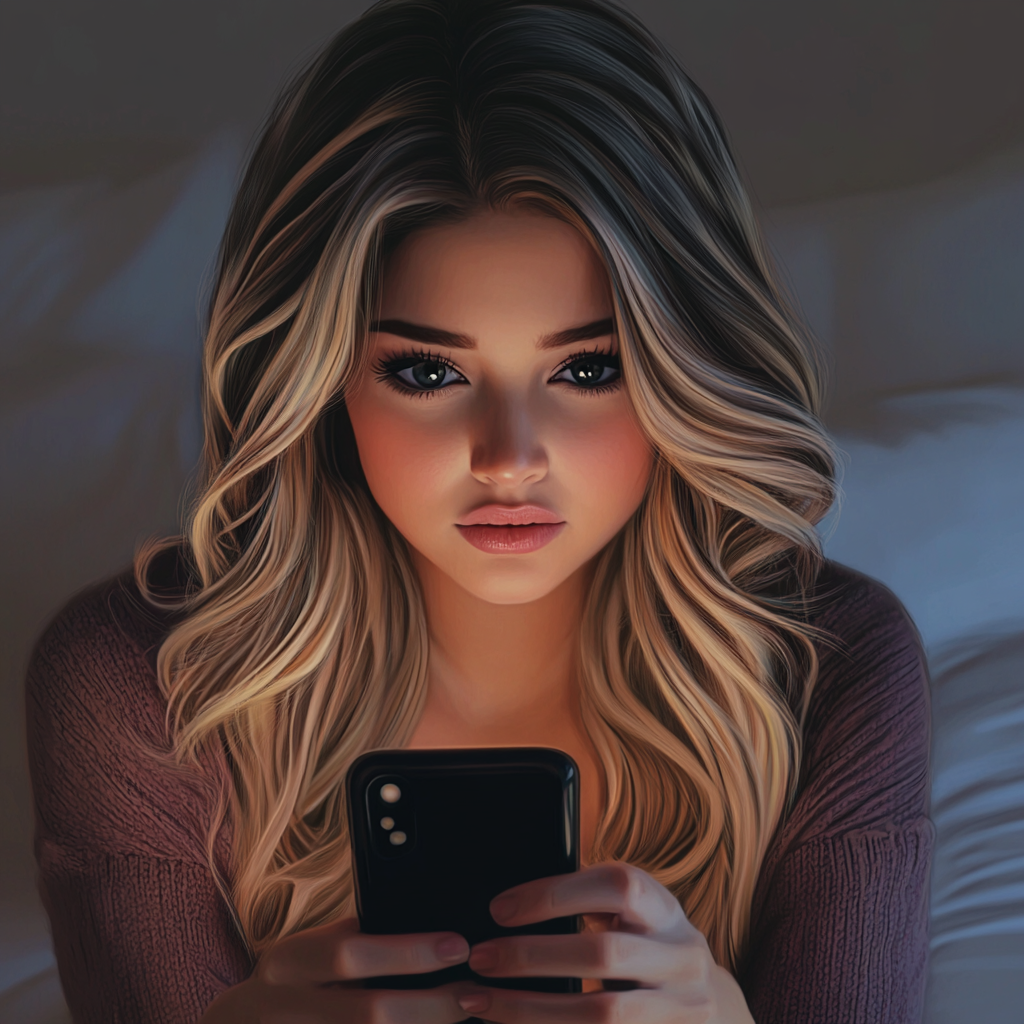 Eine junge Frau schaut auf ihr Handy | Quelle: Midjourney