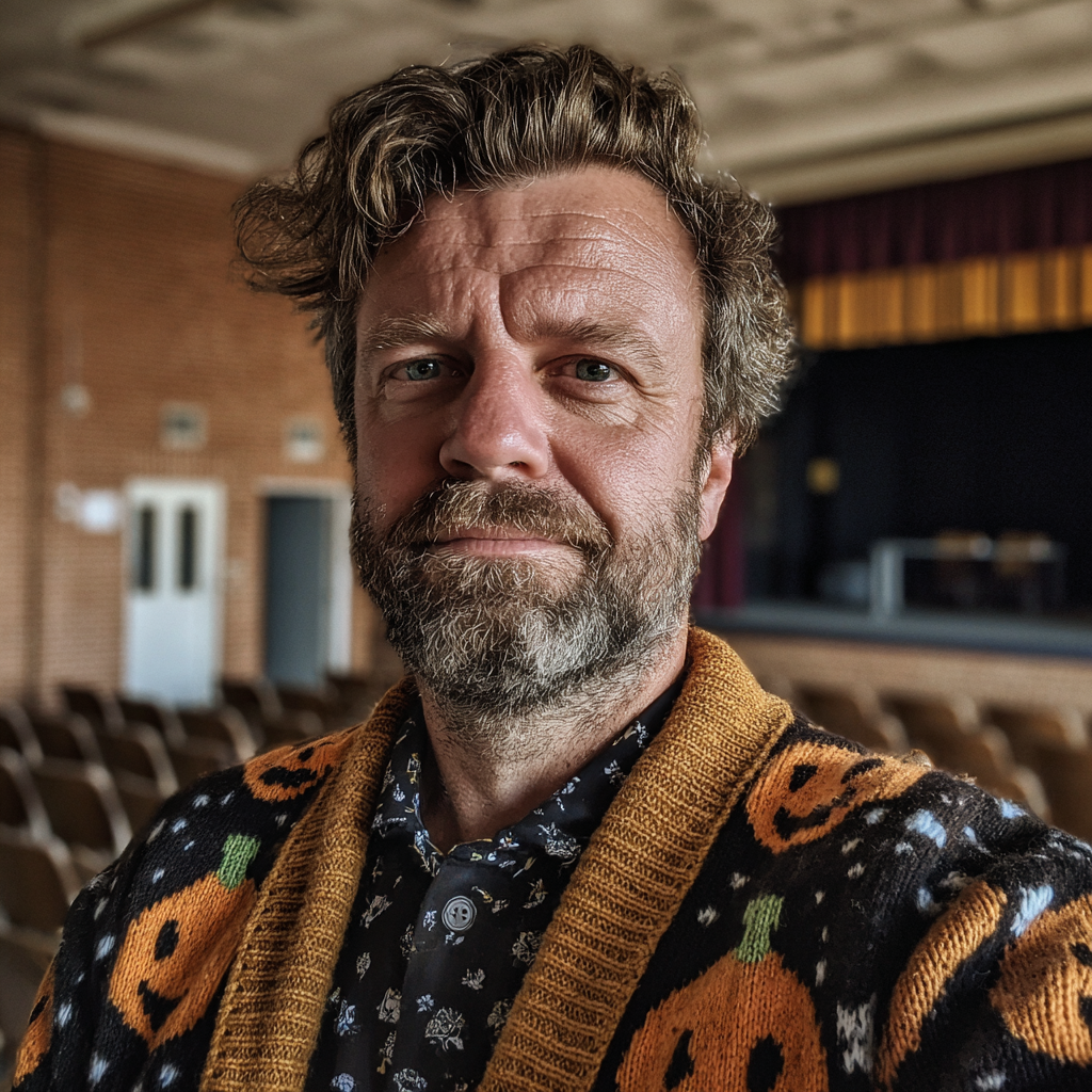 Eine lächelnde Lehrerin, die eine Kürbis-Strickjacke trägt | Quelle: Midjourney