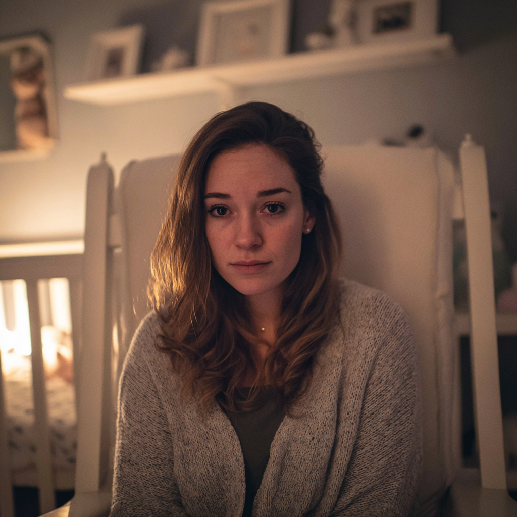 Eine nachdenkliche Frau, die in einem Kinderzimmer sitzt | Quelle: Midjourney