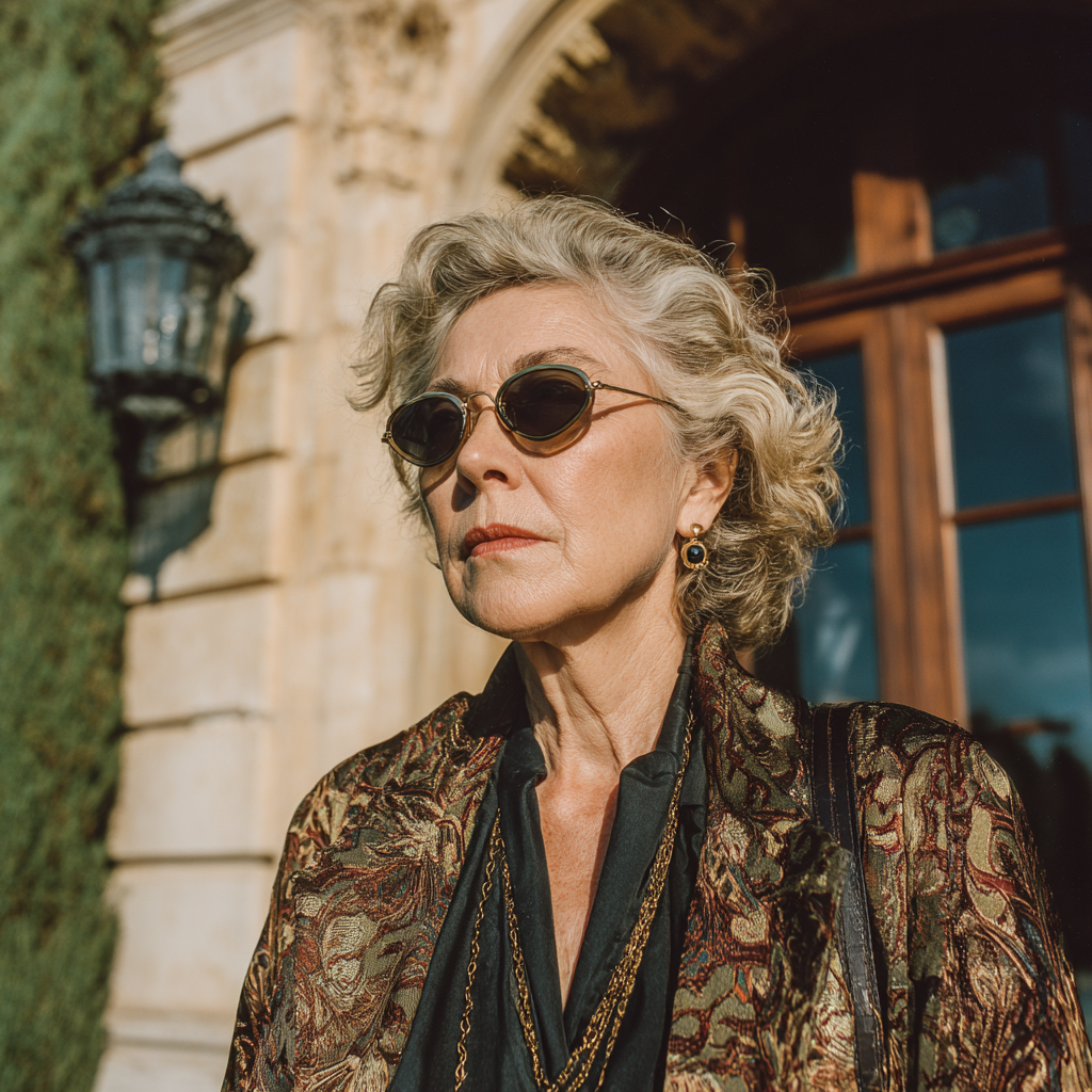 Eine ernste Frau, die an der Tür ihres Hauses steht | Quelle: Midjourney