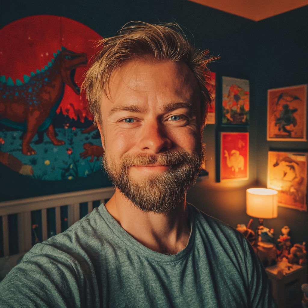Ein lächelnder Mann steht im Schlafzimmer seines Sohnes | Quelle: Midjourney