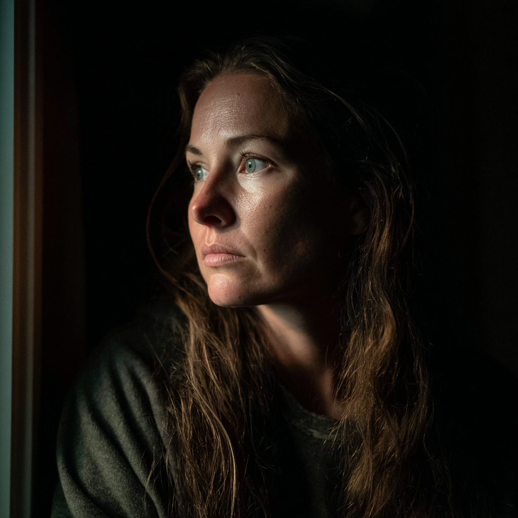 Eine besorgte Frau, die nachts aus dem Fenster schaut | Quelle: Midjourney