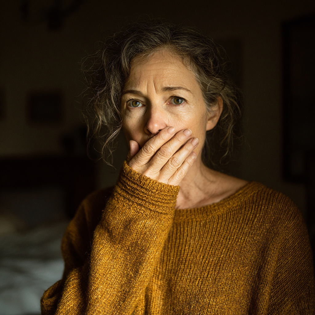 Eine geschockte Frau, die in einem Schlafzimmer steht und sich die Hand vor den Mund hält | Quelle: Midjourney