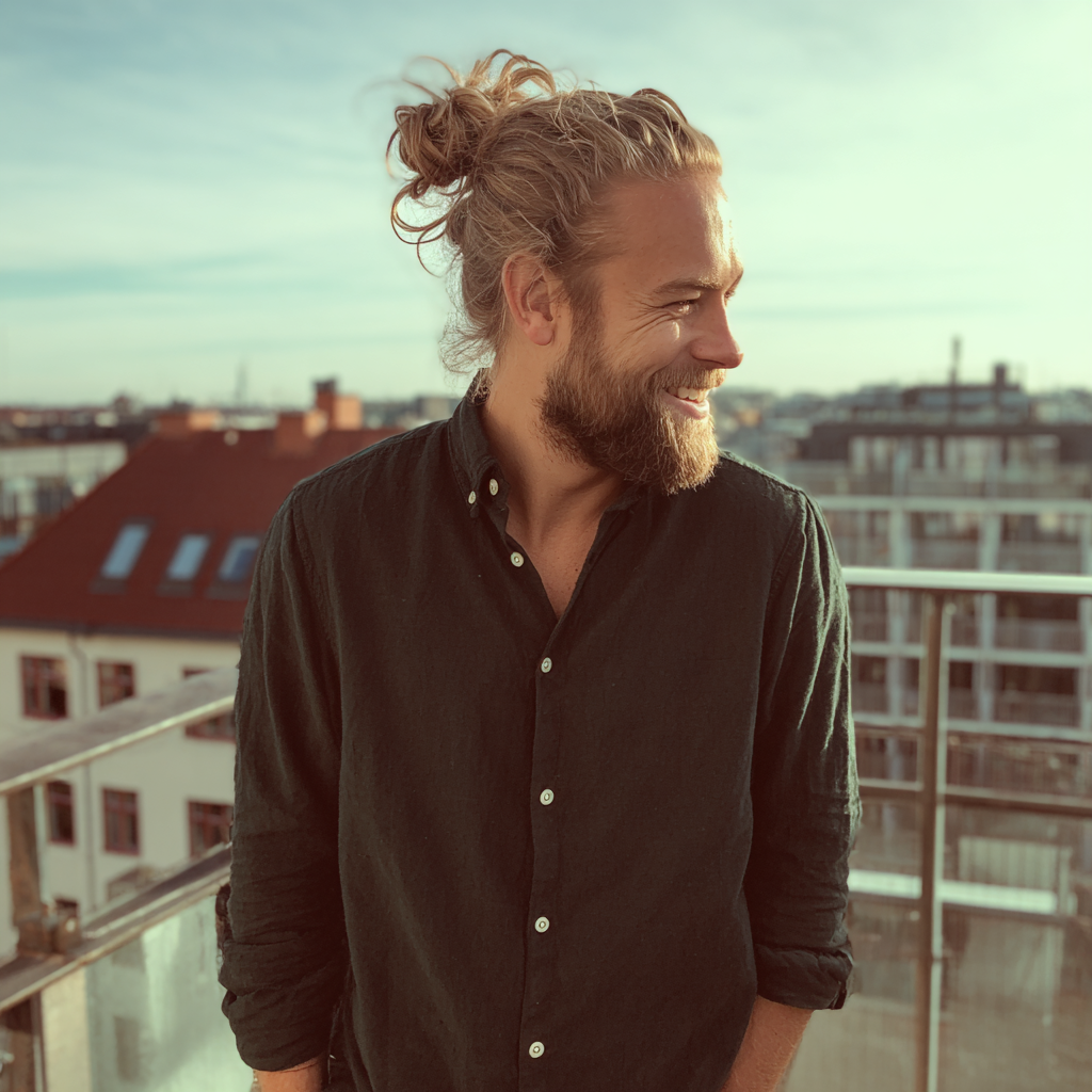 Ein lächelnder Mann, der auf einem Balkon steht | Quelle: Midjourney